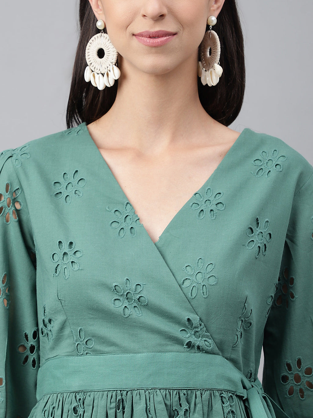 Janasya Women's Green Cotton Schiffli Casual Peplum Top | Grocsy