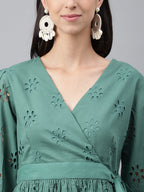 Janasya Women's Green Cotton Schiffli Casual Peplum Top | Grocsy