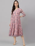 Janasya Women's Pink Chiffon Lurex Floral Printed Flared Casual Dress | Grocsy