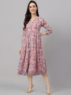 Janasya Women's Pink Chiffon Lurex Floral Printed Flared Casual Dress | Grocsy