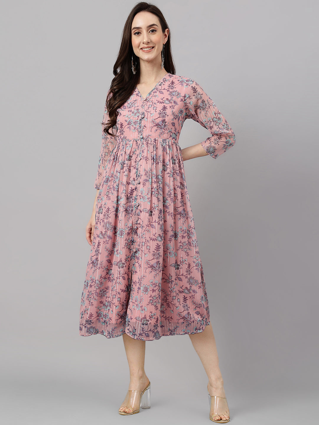 Janasya Women's Pink Chiffon Lurex Floral Printed Flared Casual Dress | Grocsy