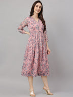 Janasya Women's Pink Chiffon Lurex Floral Printed Flared Casual Dress | Grocsy