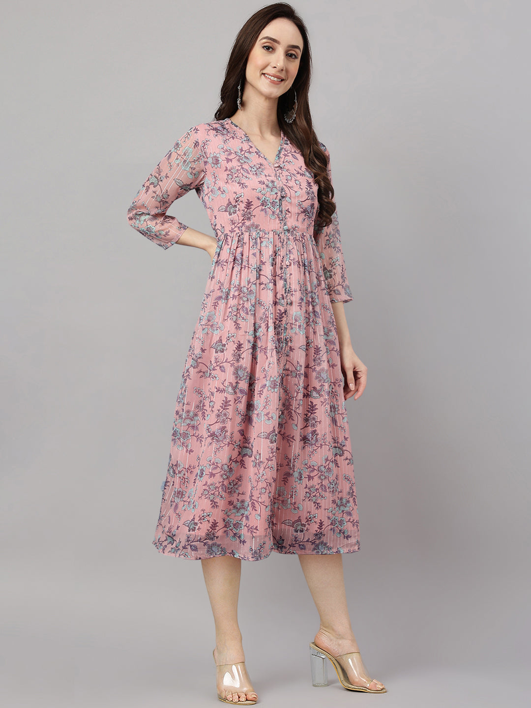 Janasya Women's Pink Chiffon Lurex Floral Printed Flared Casual Dress | Grocsy