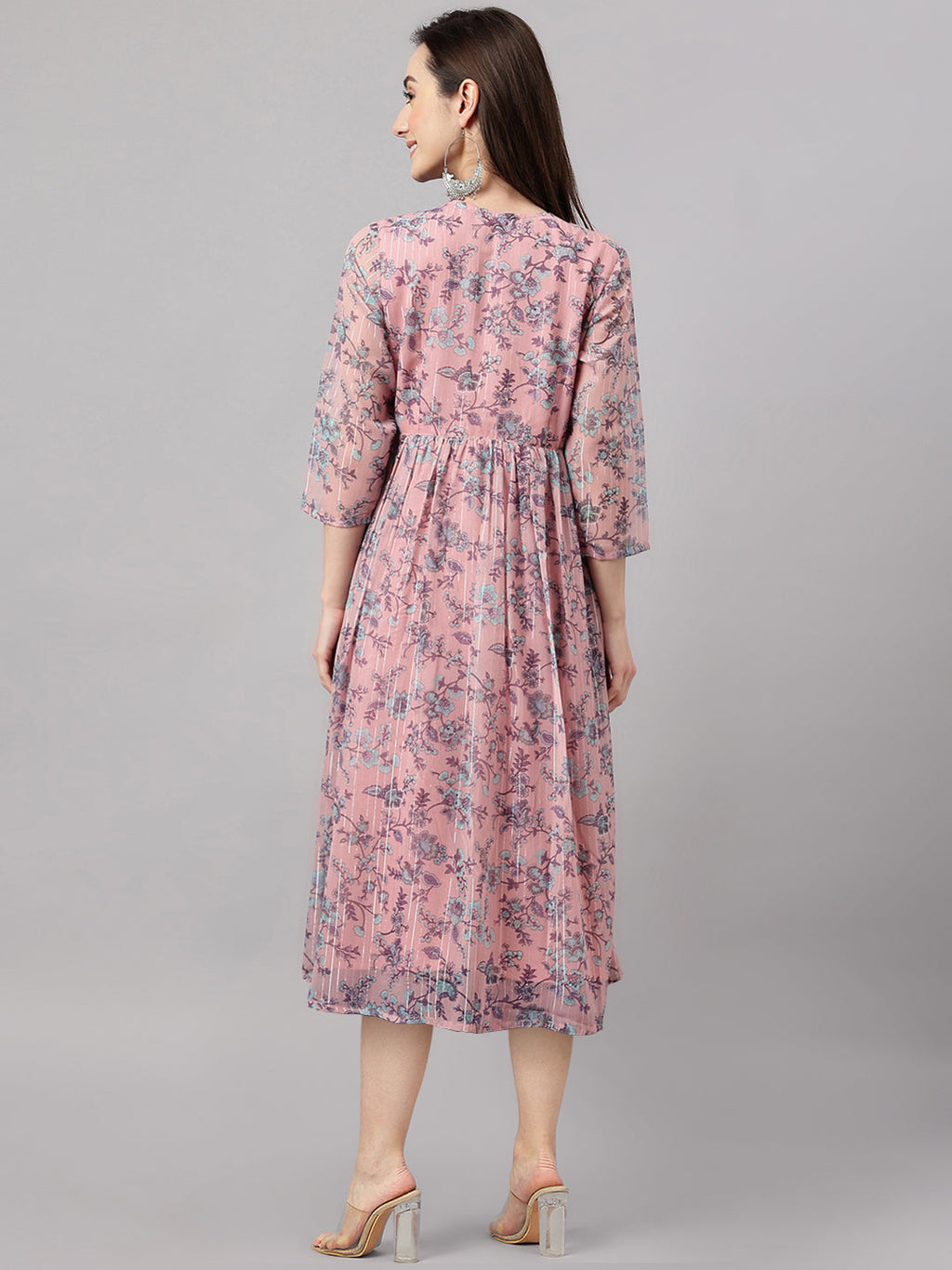 Janasya Women's Pink Chiffon Lurex Floral Printed Flared Casual Dress | Grocsy