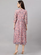 Janasya Women's Pink Chiffon Lurex Floral Printed Flared Casual Dress | Grocsy