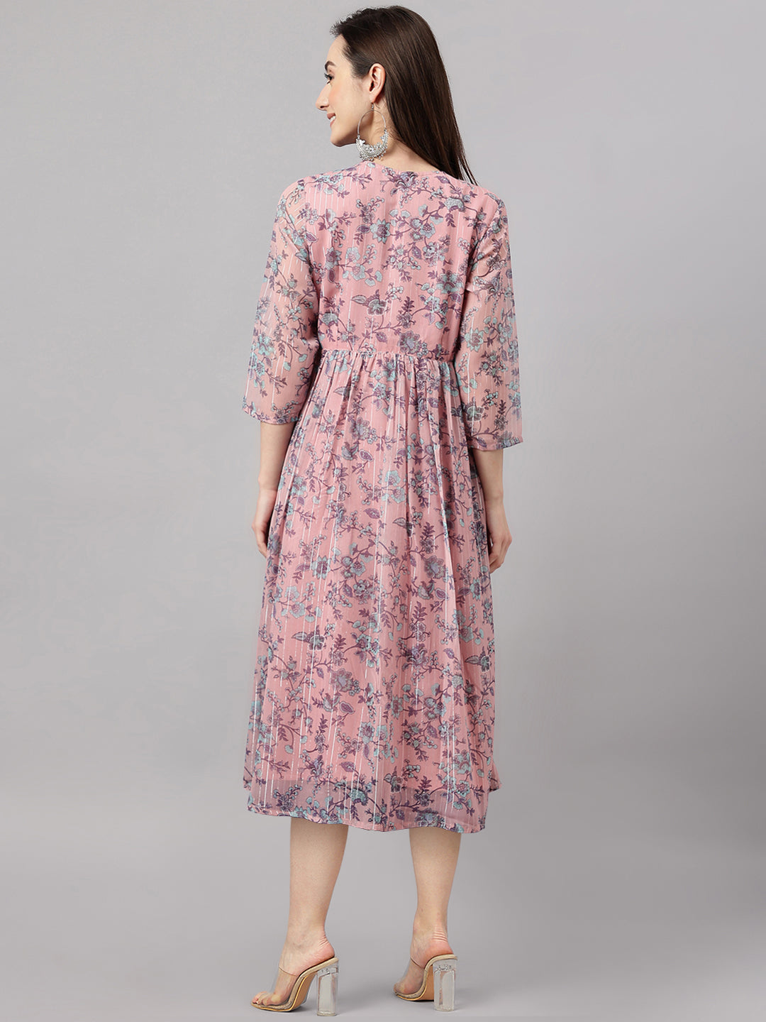 Janasya Women's Pink Chiffon Lurex Floral Printed Flared Casual Dress | Grocsy