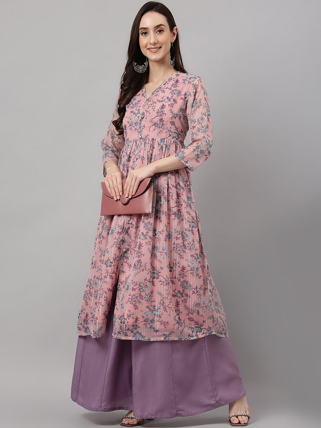 Janasya Women's Pink Chiffon Lurex Floral Printed Casual Flared Kurta | Grocsy