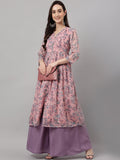 Janasya Women's Pink Chiffon Lurex Floral Printed Casual Flared Kurta | Grocsy