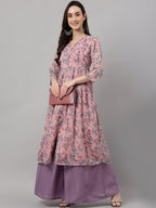 Janasya Women's Pink Chiffon Lurex Floral Printed Casual Flared Kurta | Grocsy
