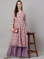 Janasya Women's Pink Chiffon Lurex Floral Printed Casual Flared Kurta | Grocsy