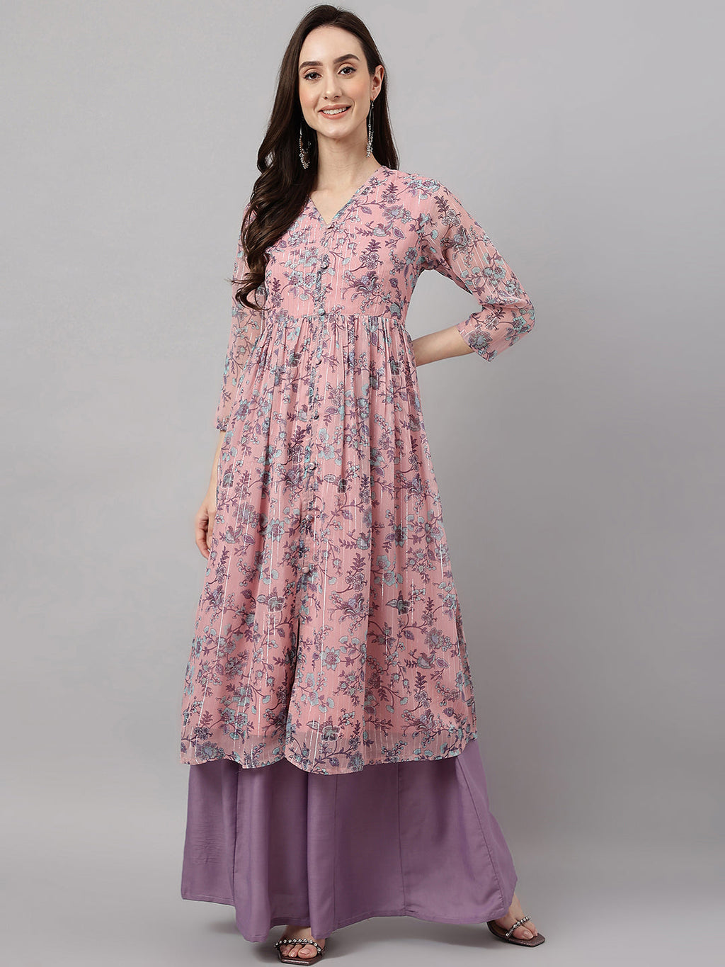 Janasya Women's Pink Chiffon Lurex Floral Printed Casual Flared Kurta | Grocsy