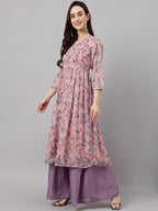 Janasya Women's Pink Chiffon Lurex Floral Printed Casual Flared Kurta | Grocsy