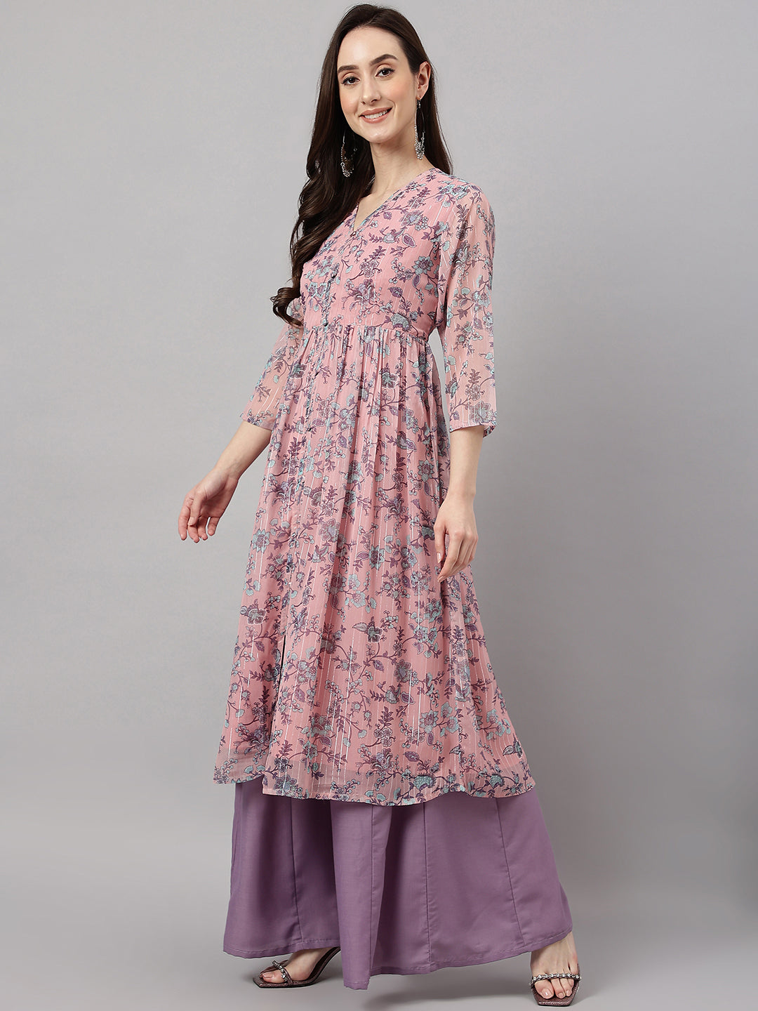 Janasya Women's Pink Chiffon Lurex Floral Printed Casual Flared Kurta | Grocsy