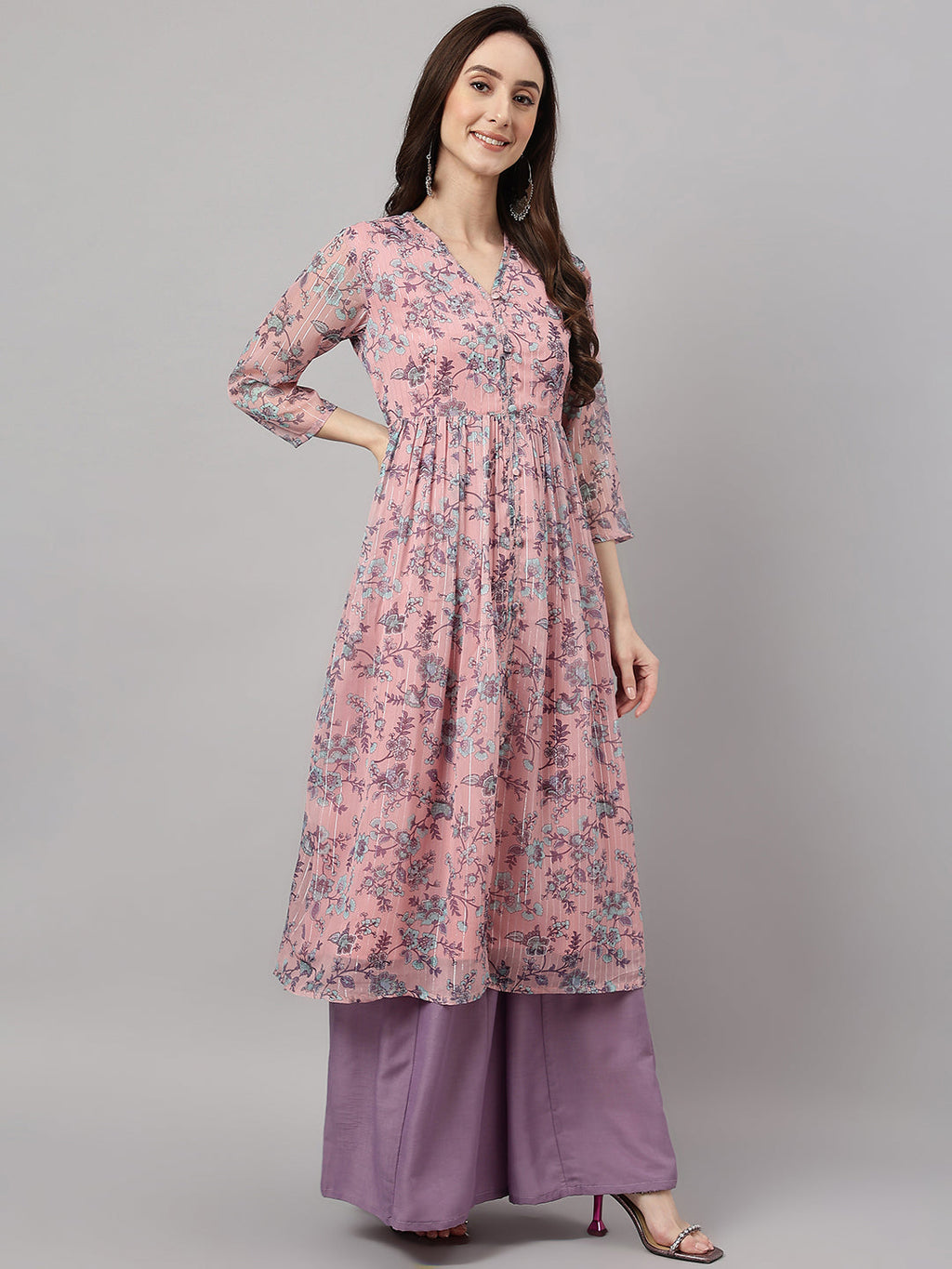Janasya Women's Pink Chiffon Lurex Floral Printed Casual Flared Kurta | Grocsy