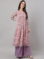 Janasya Women's Pink Chiffon Lurex Floral Printed Casual Flared Kurta | Grocsy