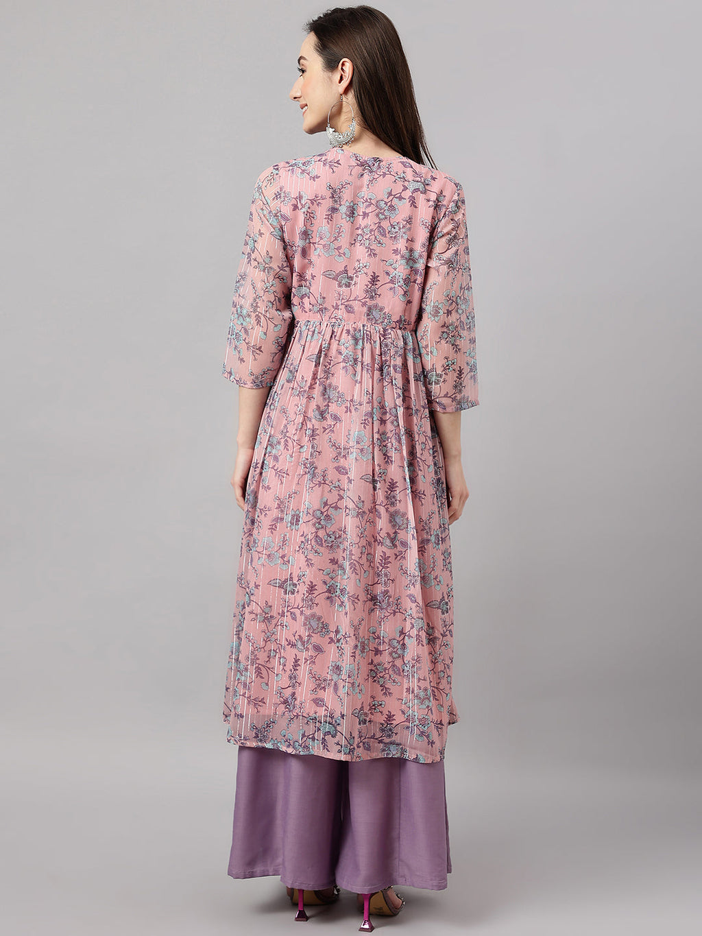 Janasya Women's Pink Chiffon Lurex Floral Printed Casual Flared Kurta | Grocsy