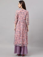 Janasya Women's Pink Chiffon Lurex Floral Printed Casual Flared Kurta | Grocsy