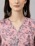 Janasya Women's Pink Chiffon Lurex Floral Printed Casual Flared Kurta | Grocsy