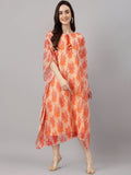 Janasya Women's Orange Chiffon Lurex Floral Printed Casual Kaftan Kurta | Grocsy