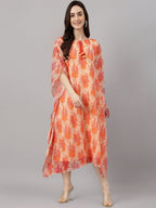 Janasya Women's Orange Chiffon Lurex Floral Printed Casual Kaftan Kurta | Grocsy