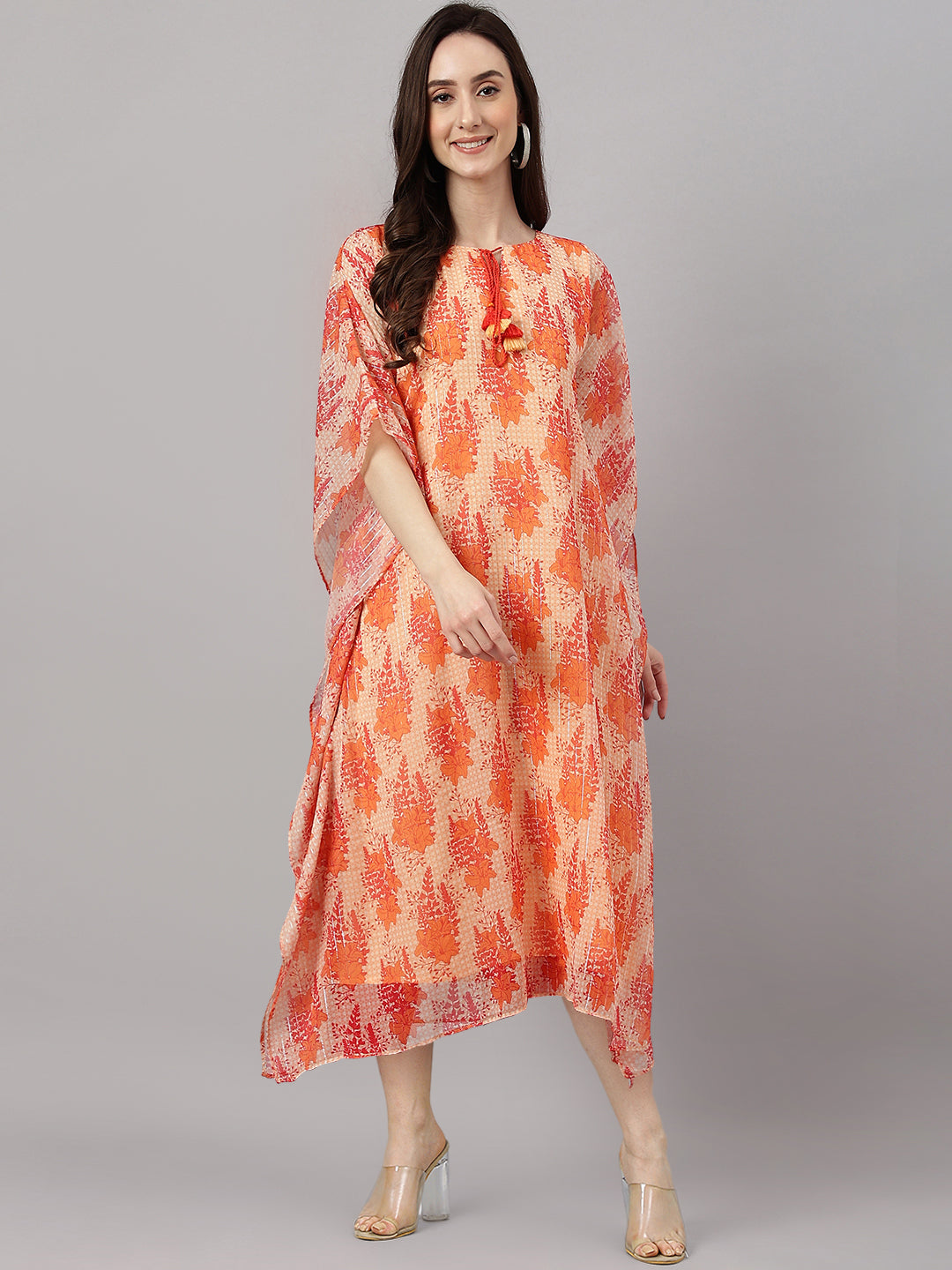 Janasya Women's Orange Chiffon Lurex Floral Printed Casual Kaftan Kurta | Grocsy