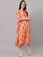 Janasya Women's Orange Chiffon Lurex Floral Printed Casual Kaftan Kurta | Grocsy