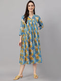 Janasya Women's Yellow Chiffon Lurex Floral Printed Flared Casual Dress | Grocsy