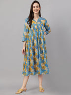 Janasya Women's Yellow Chiffon Lurex Floral Printed Flared Casual Dress | Grocsy