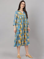 Janasya Women's Yellow Chiffon Lurex Floral Printed Flared Casual Dress | Grocsy