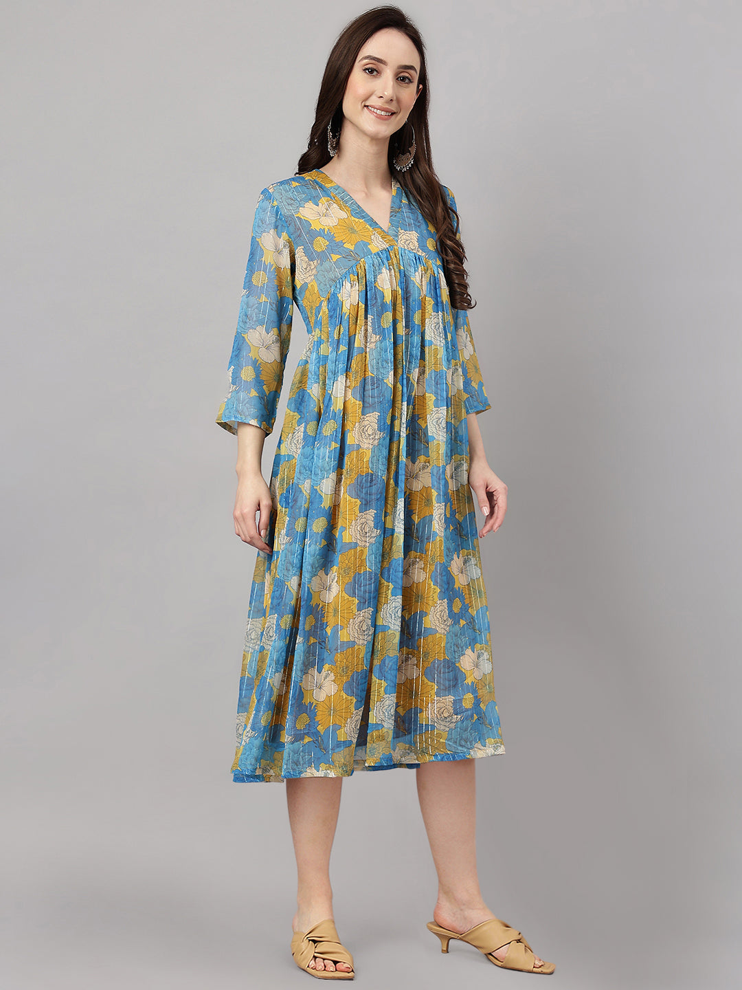 Janasya Women's Yellow Chiffon Lurex Floral Printed Flared Casual Dress | Grocsy