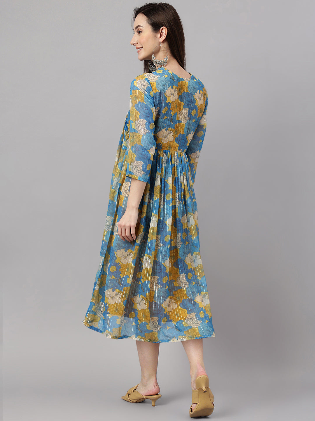 Janasya Women's Yellow Chiffon Lurex Floral Printed Flared Casual Dress | Grocsy