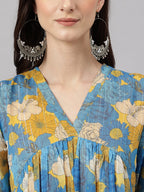 Janasya Women's Yellow Chiffon Lurex Floral Printed Casual flared Kurta | Grocsy