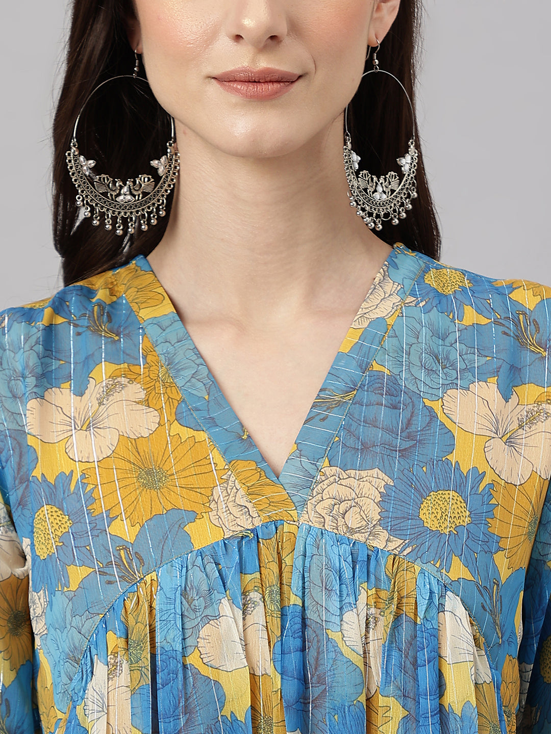 Janasya Women's Yellow Chiffon Lurex Floral Printed Casual flared Kurta | Grocsy