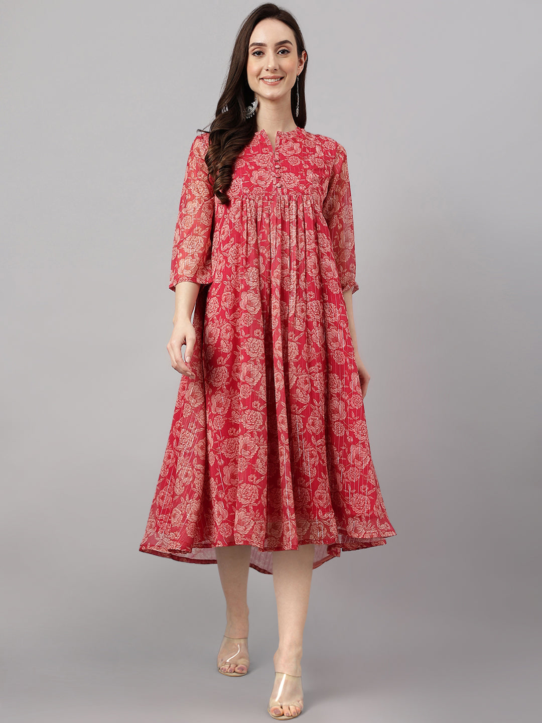 Indian Clothing Janasya Women's Dark Pink Chiffon Lurex Floral Printed Flared Casual Dress | Grocsy