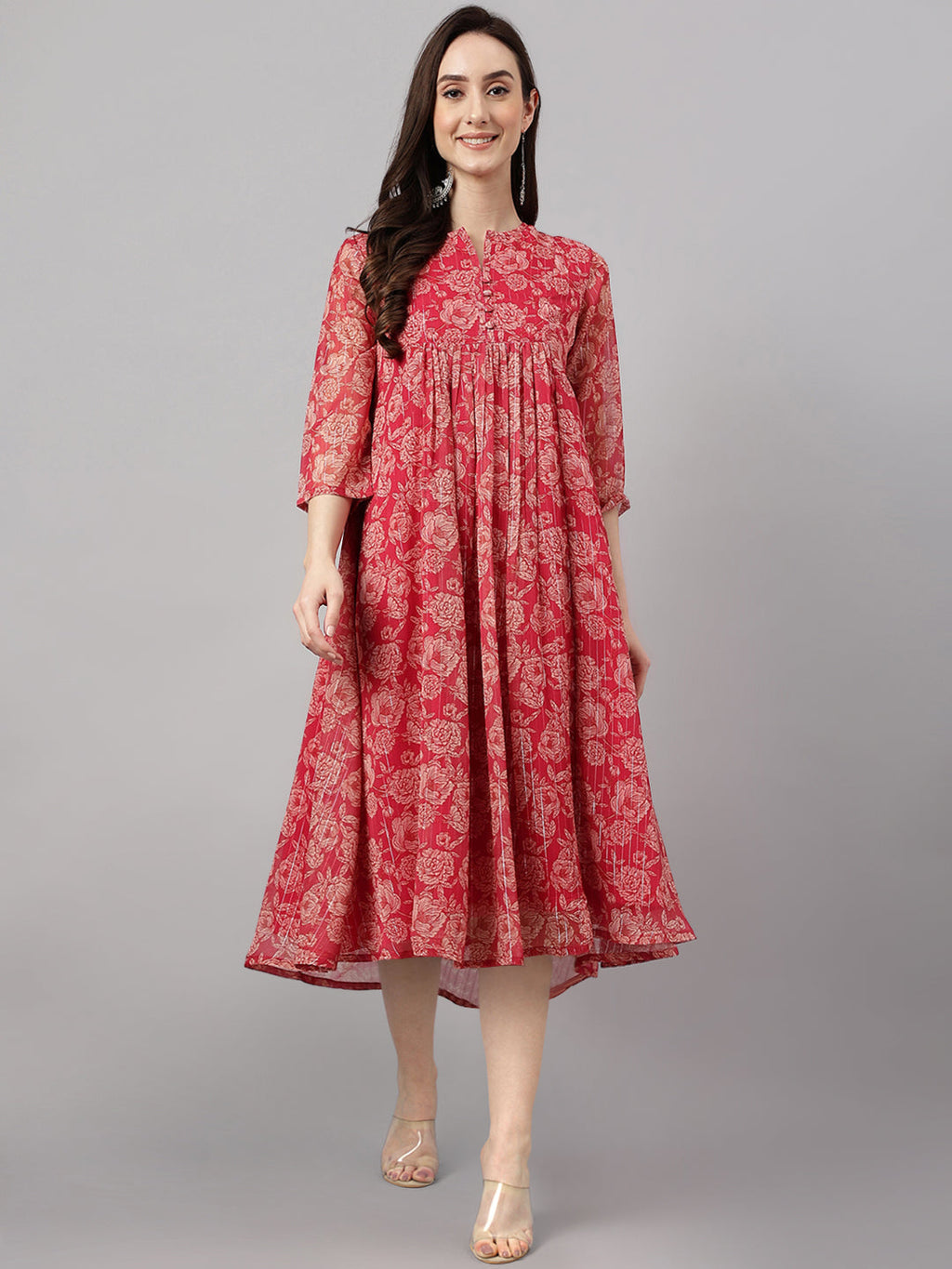 Janasya Dark Pink Chiffon Lurex Floral Printed Flared Kurta | Grocsy