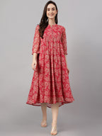Janasya Dark Pink Chiffon Lurex Floral Printed Flared Kurta | Grocsy
