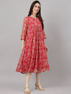 Indian Clothing Janasya Women's Dark Pink Chiffon Lurex Floral Printed Flared Casual Dress | Grocsy