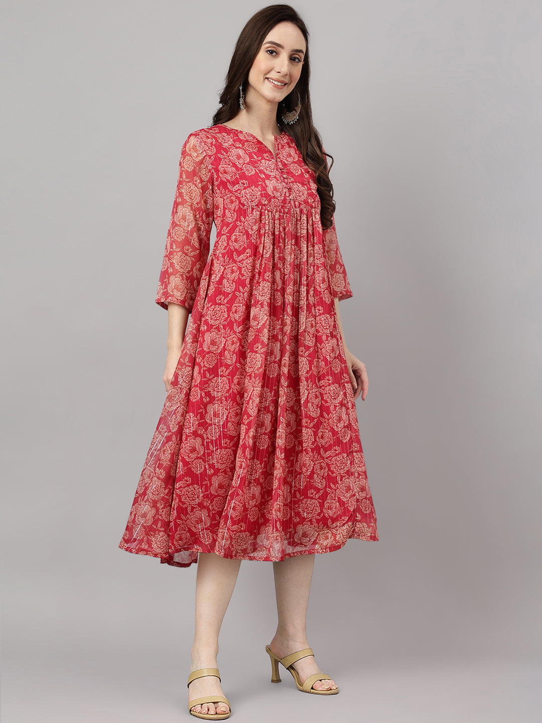Janasya Dark Pink Chiffon Lurex Floral Printed Flared Kurta | Grocsy