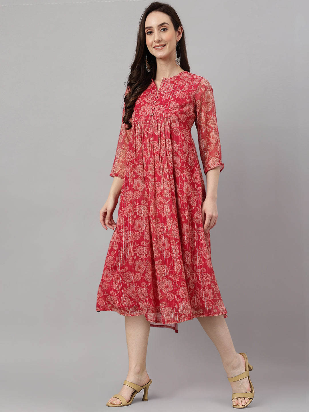 Janasya Dark Pink Chiffon Lurex Floral Printed Flared Kurta | Grocsy