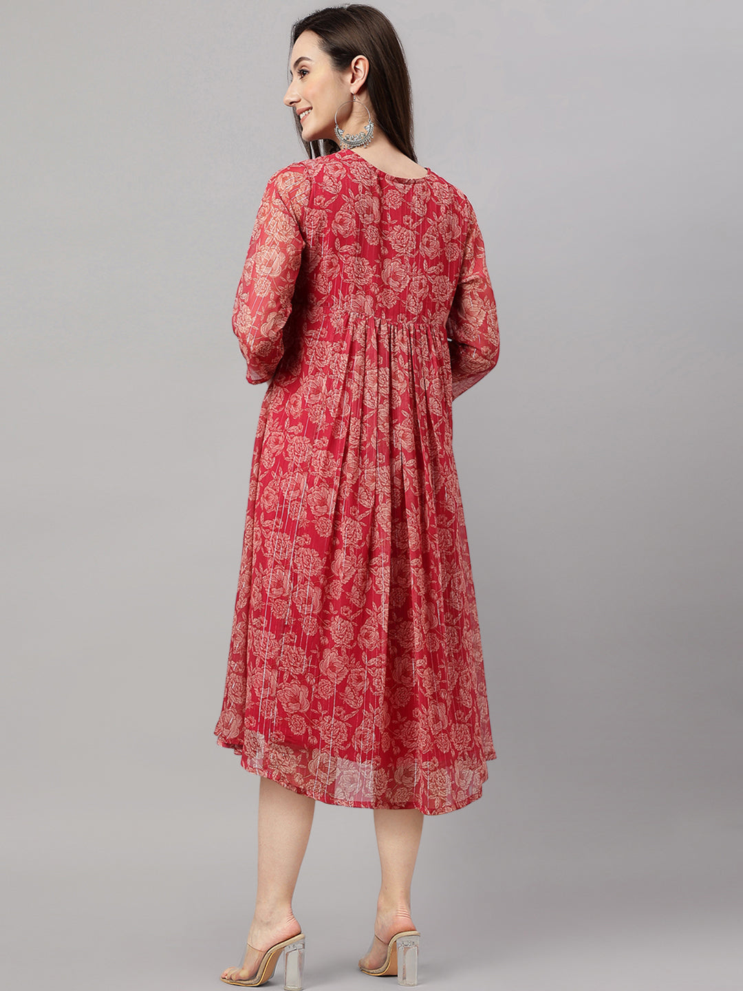 Indian Clothing Janasya Women's Dark Pink Chiffon Lurex Floral Printed Flared Casual Dress | Grocsy