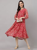 Janasya Dark Pink Chiffon Lurex Floral Printed Flared Kurta | Grocsy