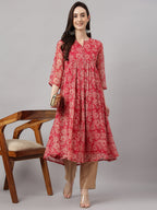 Indian Clothing Janasya Women's Dark Pink Chiffon Lurex Floral Printed Casual flared Kurta | Grocsy