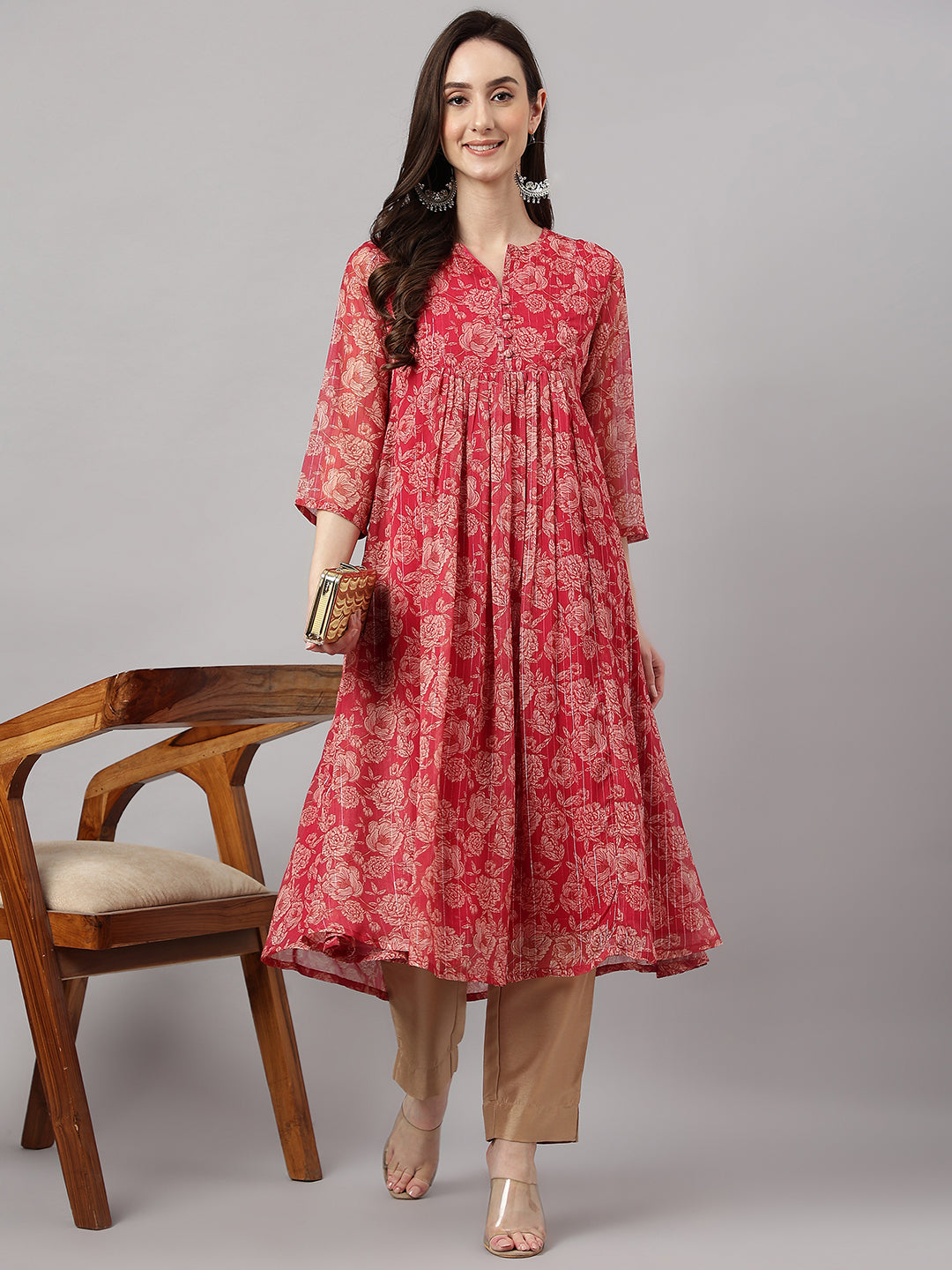 Indian Clothing Janasya Women's Dark Pink Chiffon Lurex Floral Printed Casual flared Kurta | Grocsy