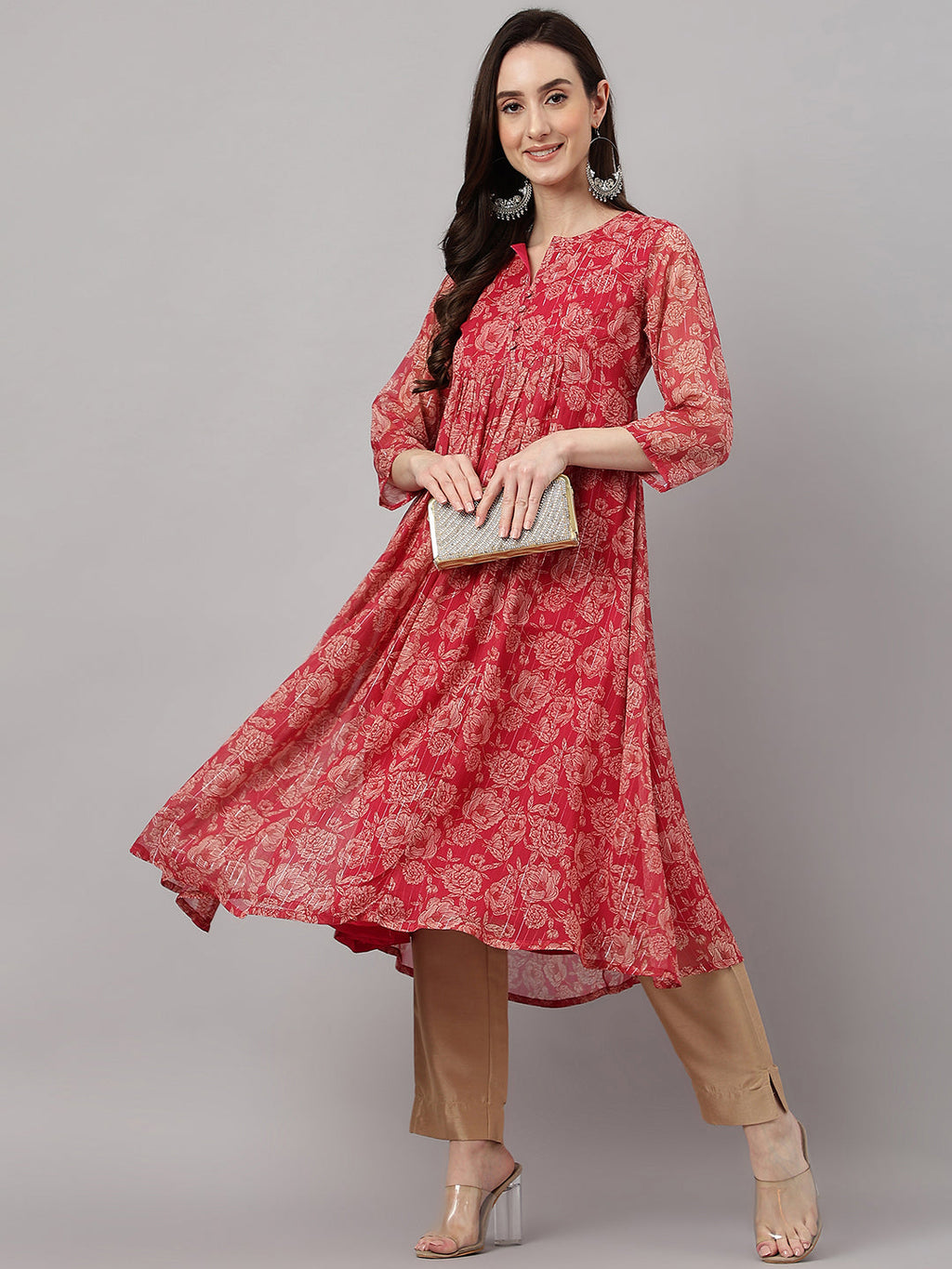Indian Clothing Janasya Women's Dark Pink Chiffon Lurex Floral Printed Casual flared Kurta | Grocsy