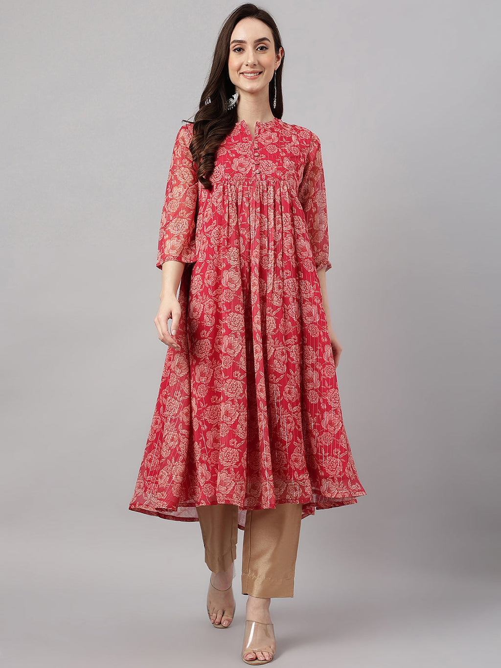 Indian Clothing Janasya Women's Dark Pink Chiffon Lurex Floral Printed Casual flared Kurta | Grocsy