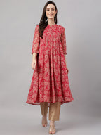 Indian Clothing Janasya Women's Dark Pink Chiffon Lurex Floral Printed Casual flared Kurta | Grocsy