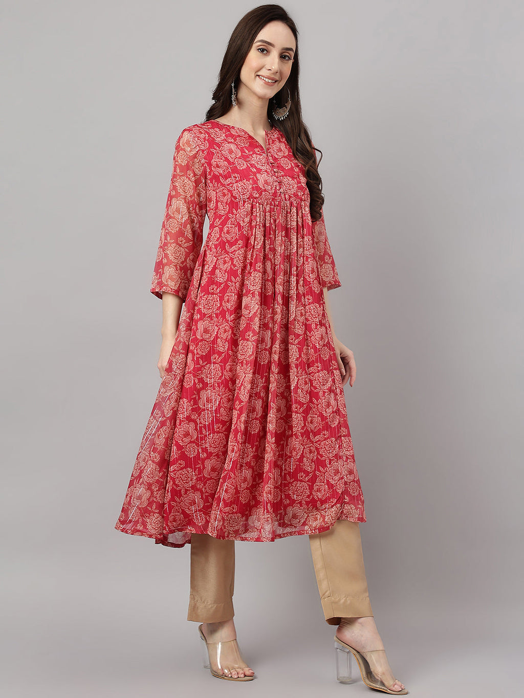 Indian Clothing Janasya Women's Dark Pink Chiffon Lurex Floral Printed Casual flared Kurta | Grocsy