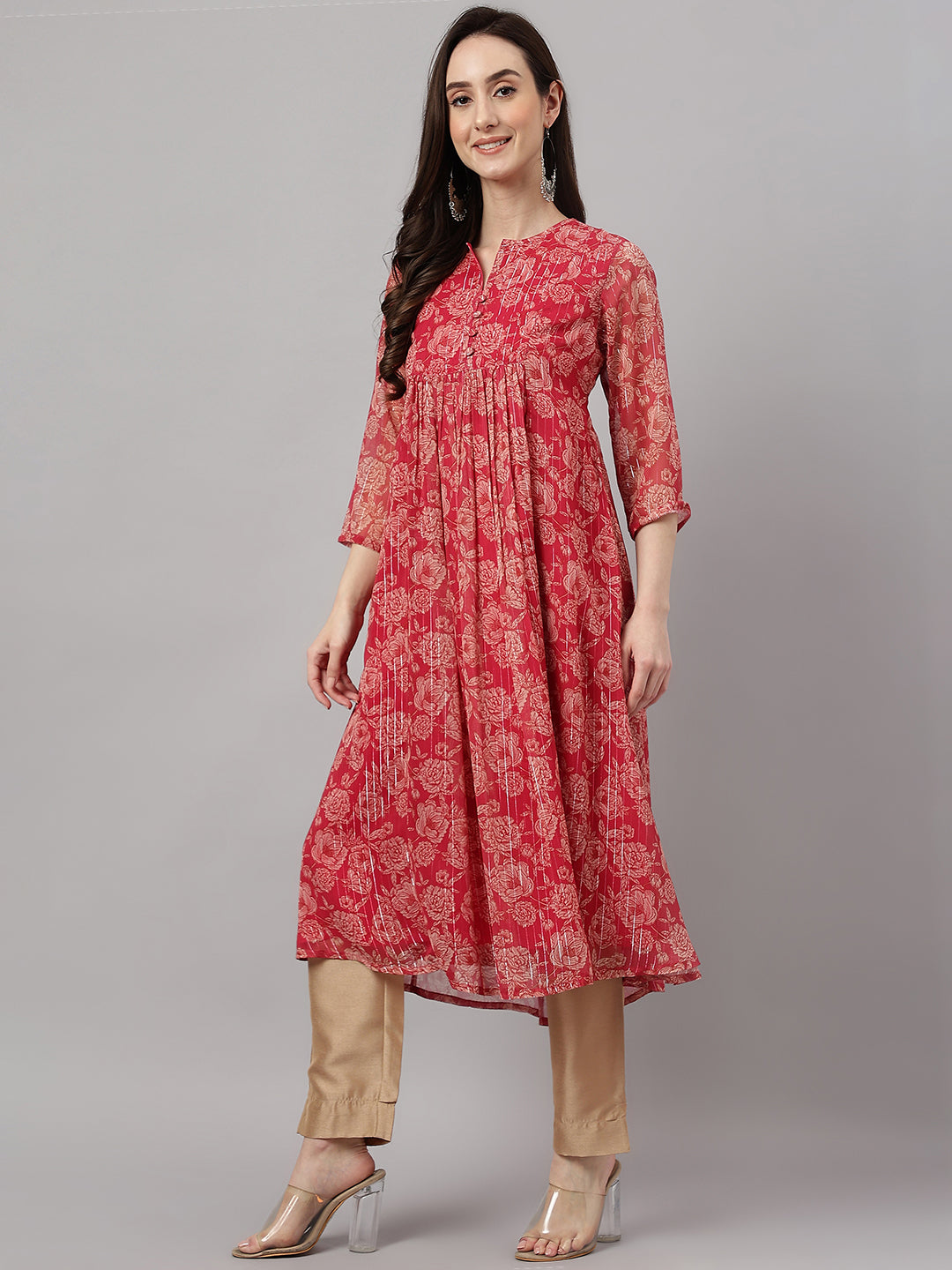Indian Clothing Janasya Women's Dark Pink Chiffon Lurex Floral Printed Casual flared Kurta | Grocsy