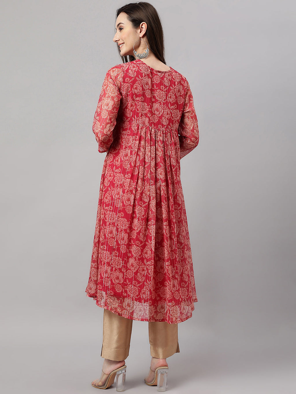 Indian Clothing Janasya Women's Dark Pink Chiffon Lurex Floral Printed Casual flared Kurta | Grocsy