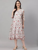Janasya Women's White Chiffon Lurex Floral Printed Flared Casual Dress | Grocsy
